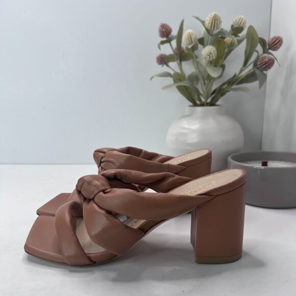 Stuart Weitzman Playa 75 Knot Leather Block Sandals Tan Women's US 5.5B Tried On - Picture 2 of 10